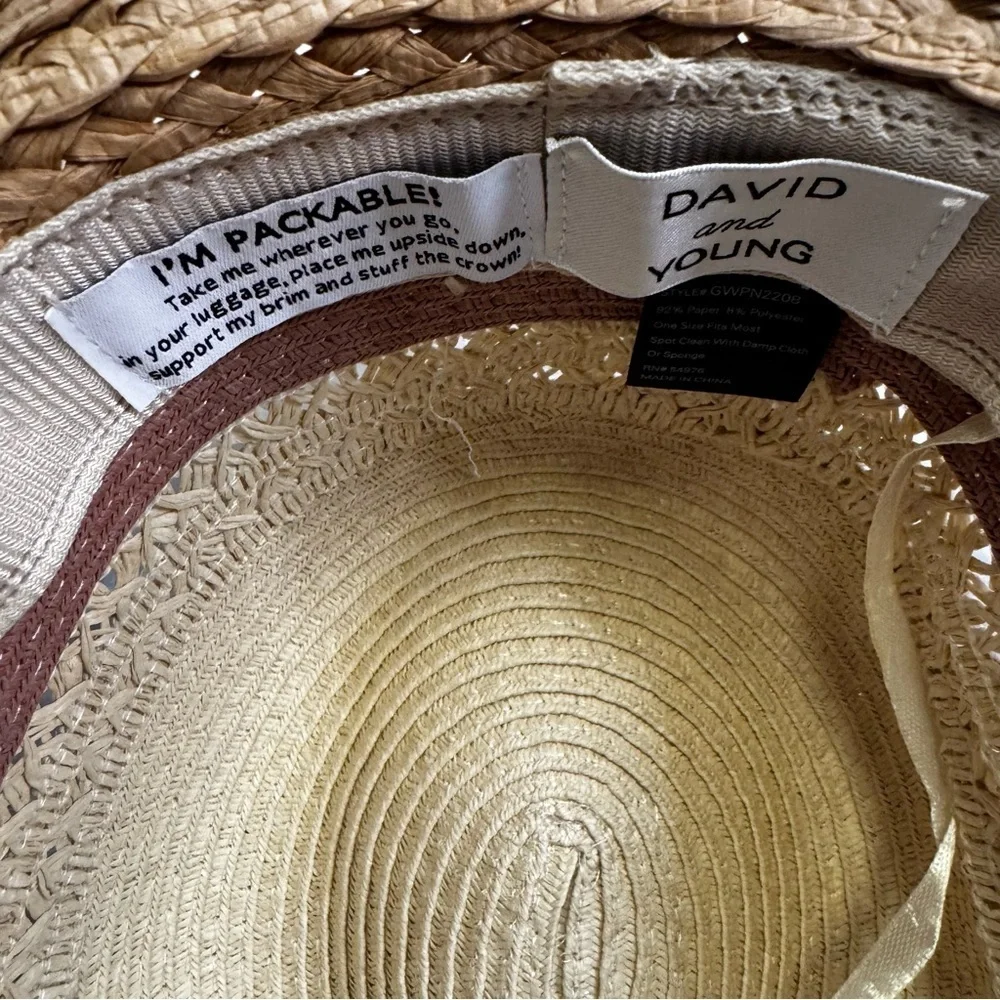 David & Young Packable Mixed Straw Fedora Hat One Size Fits Most Tan/Mauve NEW